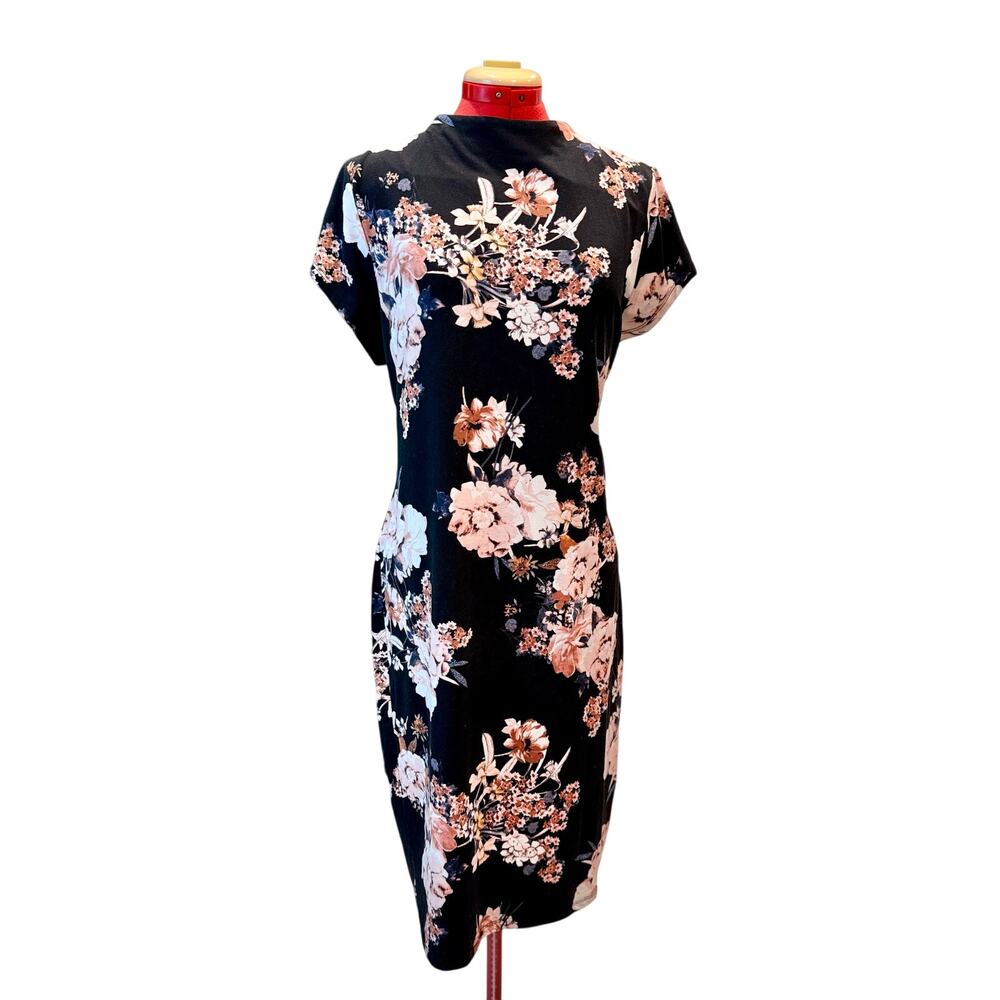 Women’s 2XL Black Floral Sheath Dress Mock Neck Stretch Midi Pink Ivory Flowers